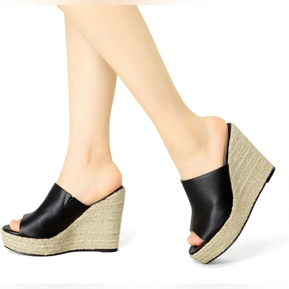 Allegra K Slip on Platform Sandals Espadrilles Wedges Slides Mules, Black 9